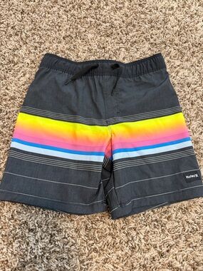Hurley Black Boys Swim Shorts with Neon Rainbow Stripe